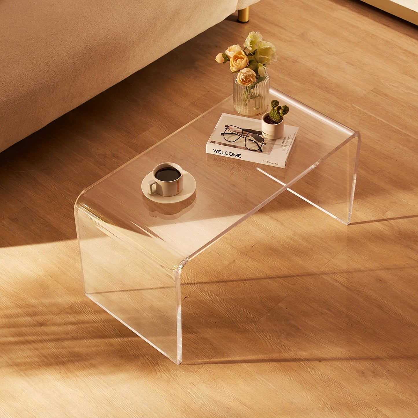Acrylic Coffee Table, C-Shaped Clear Acrylic End Table, 16.3 inch high Transparent Acrylic Side Table, for Coffee, Drink, Food, Snack used in Living Room, Courtyard, Terrace