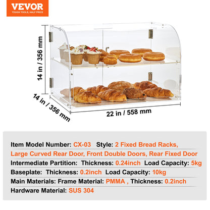 Pastry Display Case, 2-Tier Commercial Countertop Bakery Display Case, Acrylic Display Box with Rear Door Access & Removable Shelves, Keep Fresh for Donut Bagels Cake Cookie, 22"x14"x14"