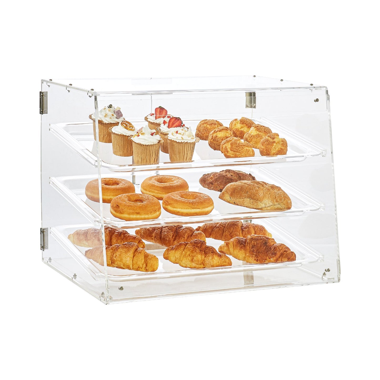Konditorei, 3-stufiger gewerblicher Thekenschrank, Acryl-Vitrine mit Hintertür und herausnehmbaren Regalen, Frischhalten für Donut-Bagels, Kuchenkekse, 20,7"x14,2"x16,3