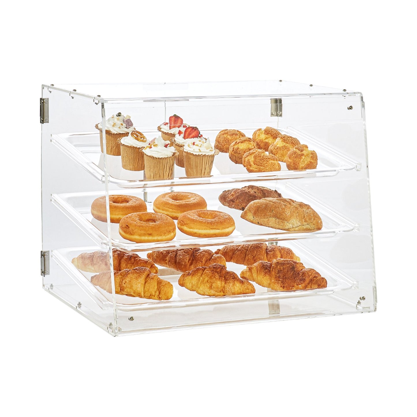 Konditorei, 3-stufiger gewerblicher Thekenschrank, Acryl-Vitrine mit Hintertür und herausnehmbaren Regalen, Frischhalten für Donut-Bagels, Kuchenkekse, 20,7"x14,2"x16,3