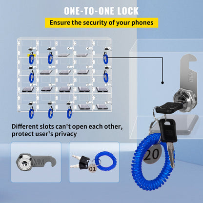 Cell Phone Storage Locker, 20 Slots Acrylic Material with Door Locks and Keys, Wall-Mounted Cabinet Pocket Office Classroom Gym Box, Clear