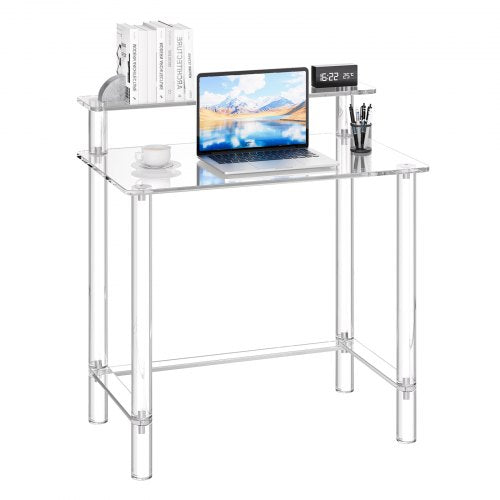 Acrylic Table, 2 Tiers Clear Office Desk with Monitor Stand, Acrylic Study Computer Desk, Modern Side End Table Nightstand for Bedroom, Office, Study, Cloakroom, 19.7 x 31.5 x 34.7 in (Clear)