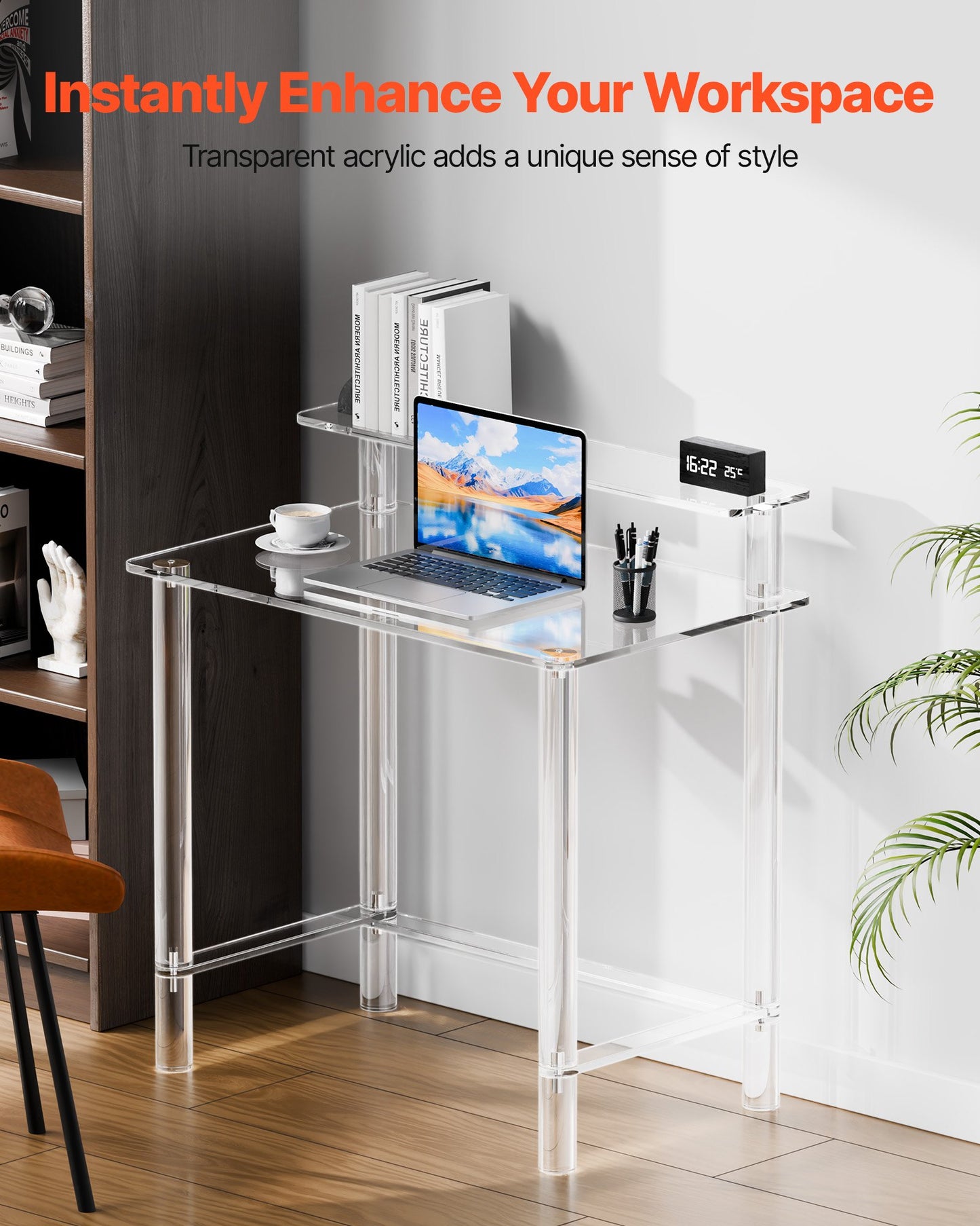 Acrylic Table, 2 Tiers Clear Office Desk with Monitor Stand, Acrylic Study Computer Desk, Modern Side End Table Nightstand for Bedroom, Office, Study, Cloakroom, 19.7 x 31.5 x 34.7 in (Clear)