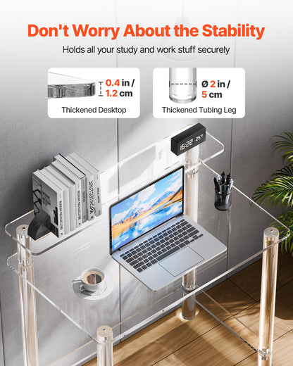 Acrylic Table, 2 Tiers Clear Office Desk with Monitor Stand, Acrylic Study Computer Desk, Modern Side End Table Nightstand for Bedroom, Office, Study, Cloakroom, 19.7 x 31.5 x 34.7 in (Clear)