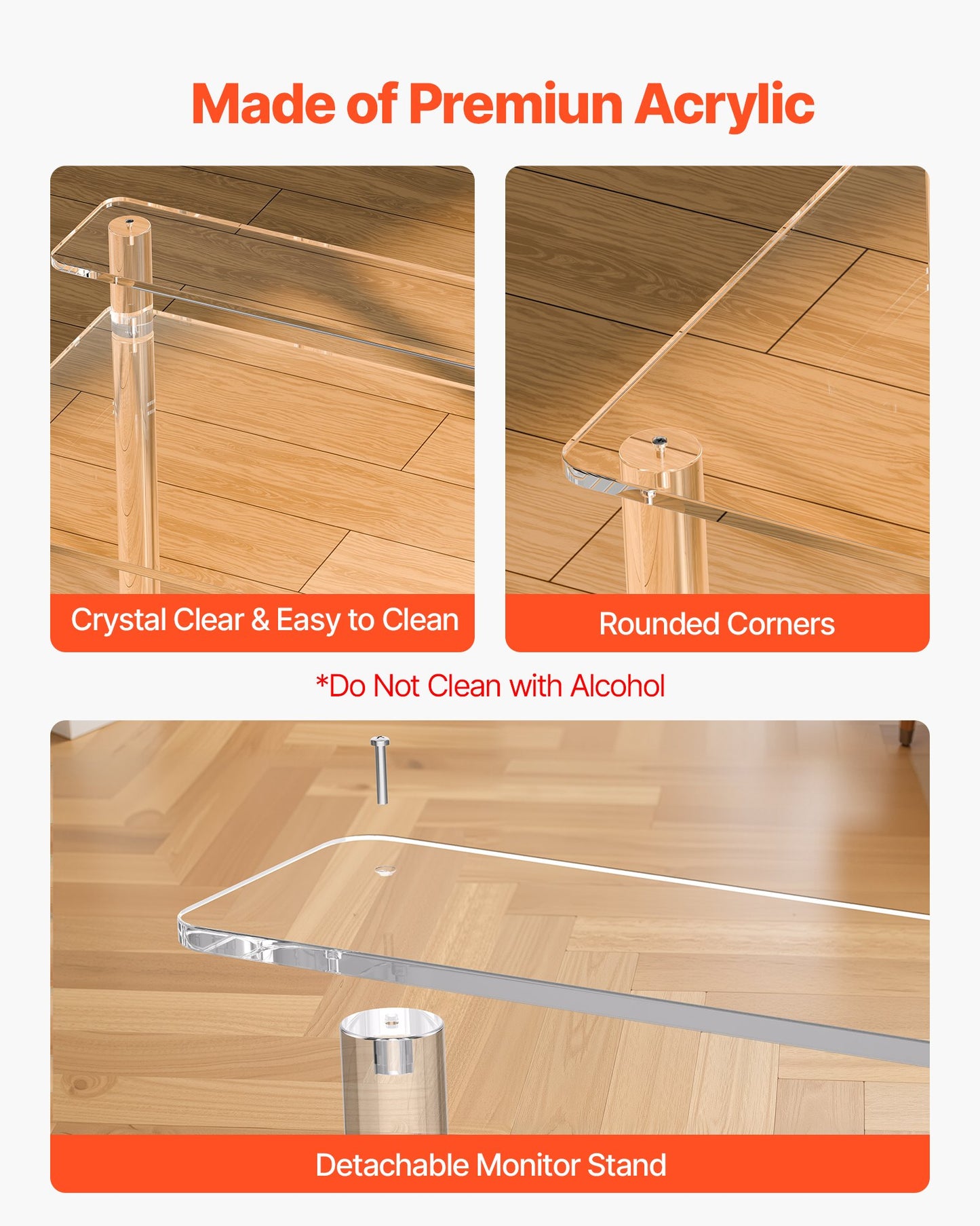 Acrylic Table, 2 Tiers Clear Office Desk with Monitor Stand, Acrylic Study Computer Desk, Modern Side End Table Nightstand for Bedroom, Office, Study, Cloakroom, 19.7 x 31.5 x 34.7 in (Clear)