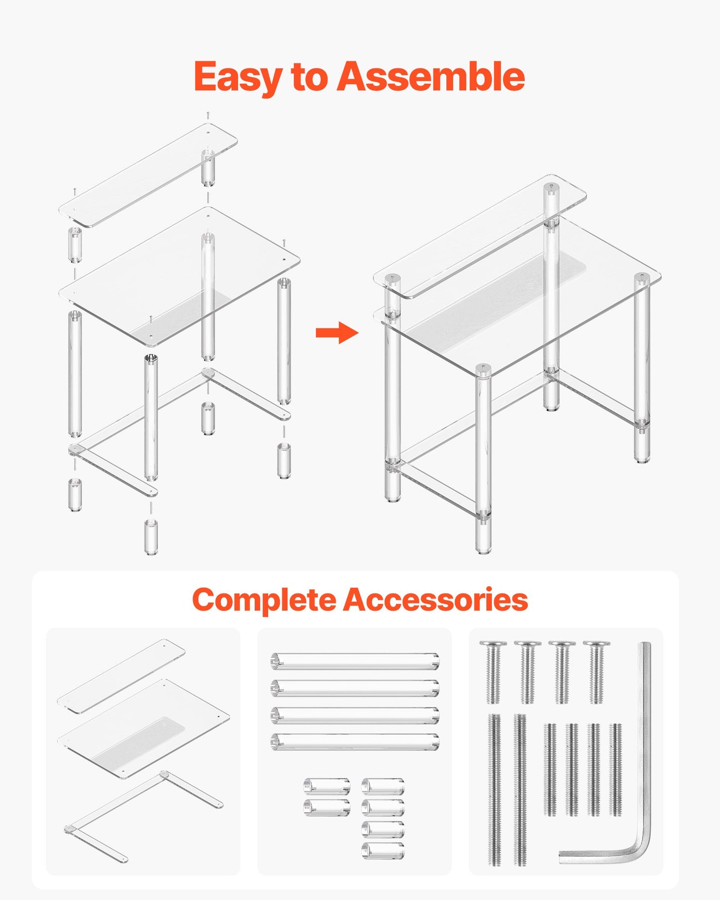 Acrylic Table, 2 Tiers Clear Office Desk with Monitor Stand, Acrylic Study Computer Desk, Modern Side End Table Nightstand for Bedroom, Office, Study, Cloakroom, 19.7 x 31.5 x 34.7 in (Clear)