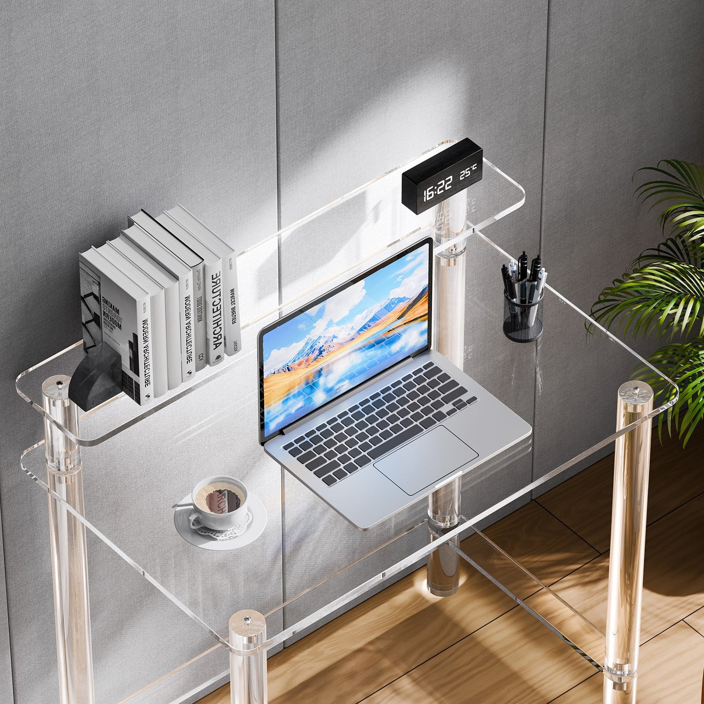 Acrylic Table, 2 Tiers Clear Office Desk with Monitor Stand, Acrylic Study Computer Desk, Modern Side End Table Nightstand for Bedroom, Office, Study, Cloakroom, 19.7 x 31.5 x 34.7 in (Clear)