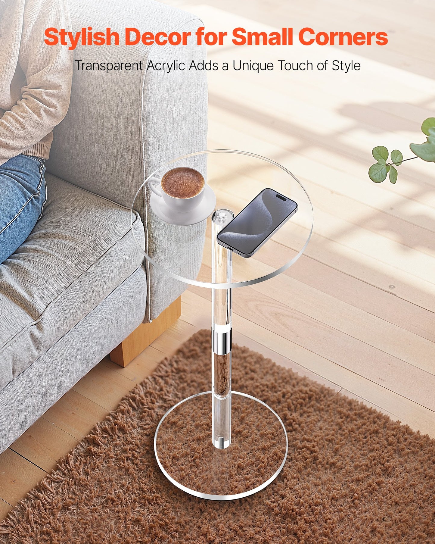 Acrylic Drink Table, Clear End Table Round Top with Solid Post, Modern Acrylic Cake Table Stand, Transparent Side Desk for Coffee, Drink, Food, Snack, Easy Assembly, 10 x 10 x 21.3 in (Clear)