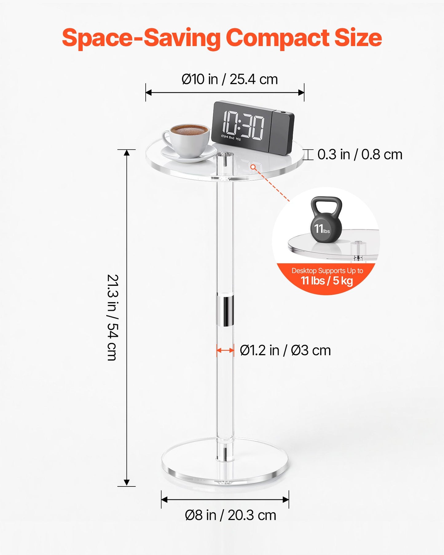 Acrylic Drink Table, Clear End Table Round Top with Solid Post, Modern Acrylic Cake Table Stand, Transparent Side Desk for Coffee, Drink, Food, Snack, Easy Assembly, 10 x 10 x 21.3 in (Clear)