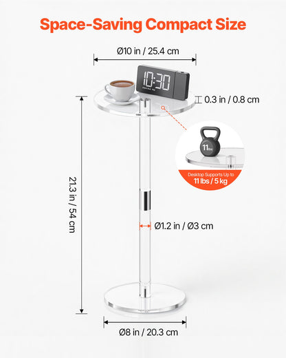 Acrylic Drink Table, Clear End Table Round Top with Solid Post, Modern Acrylic Cake Table Stand, Transparent Side Desk for Coffee, Drink, Food, Snack, Easy Assembly, 10 x 10 x 21.3 in (Clear)