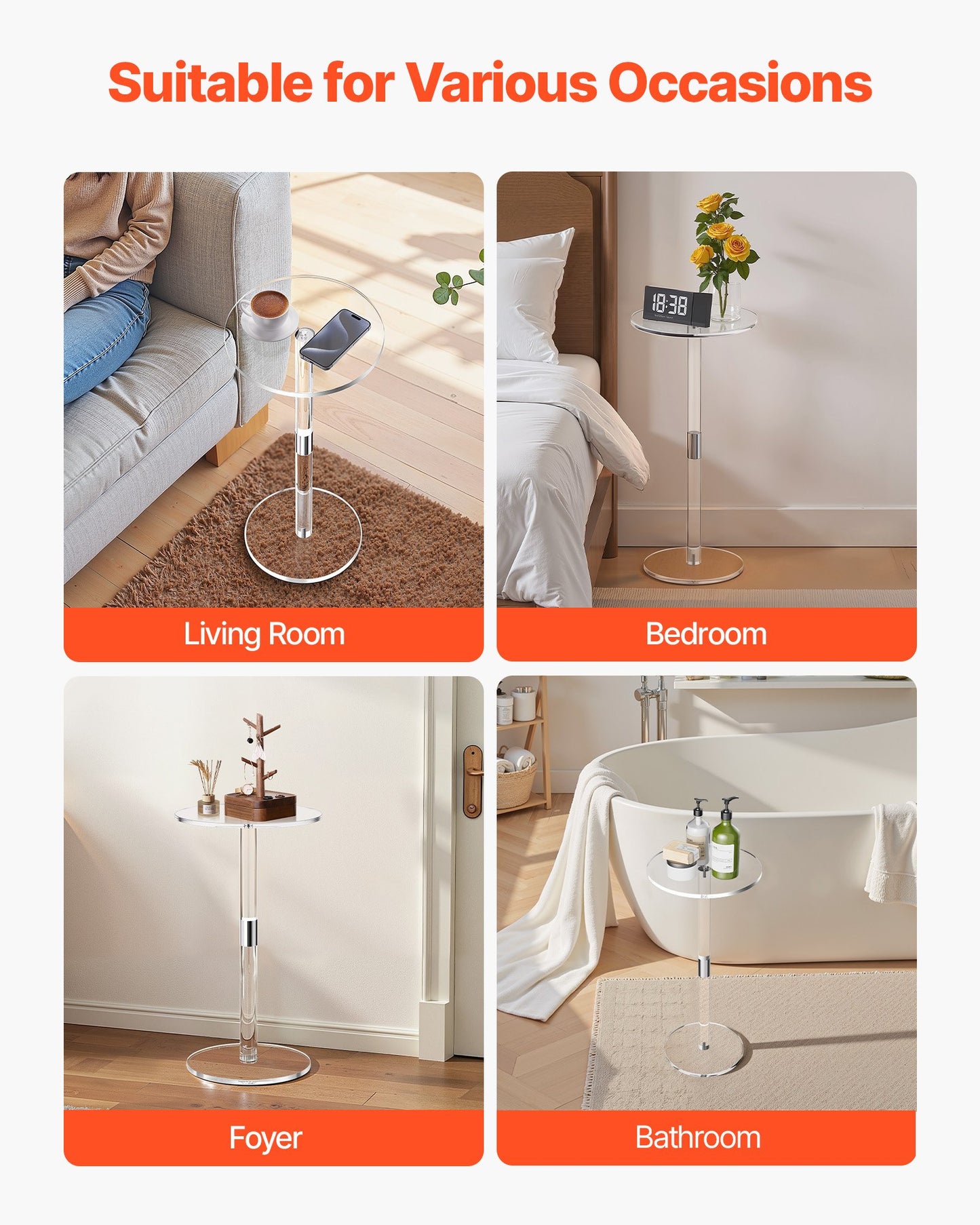 Acrylic Drink Table, Clear End Table Round Top with Solid Post, Modern Acrylic Cake Table Stand, Transparent Side Desk for Coffee, Drink, Food, Snack, Easy Assembly, 10 x 10 x 21.3 in (Clear)