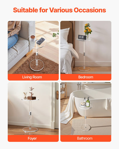 Acrylic Drink Table, Clear End Table Round Top with Solid Post, Modern Acrylic Cake Table Stand, Transparent Side Desk for Coffee, Drink, Food, Snack, Easy Assembly, 10 x 10 x 21.3 in (Clear)