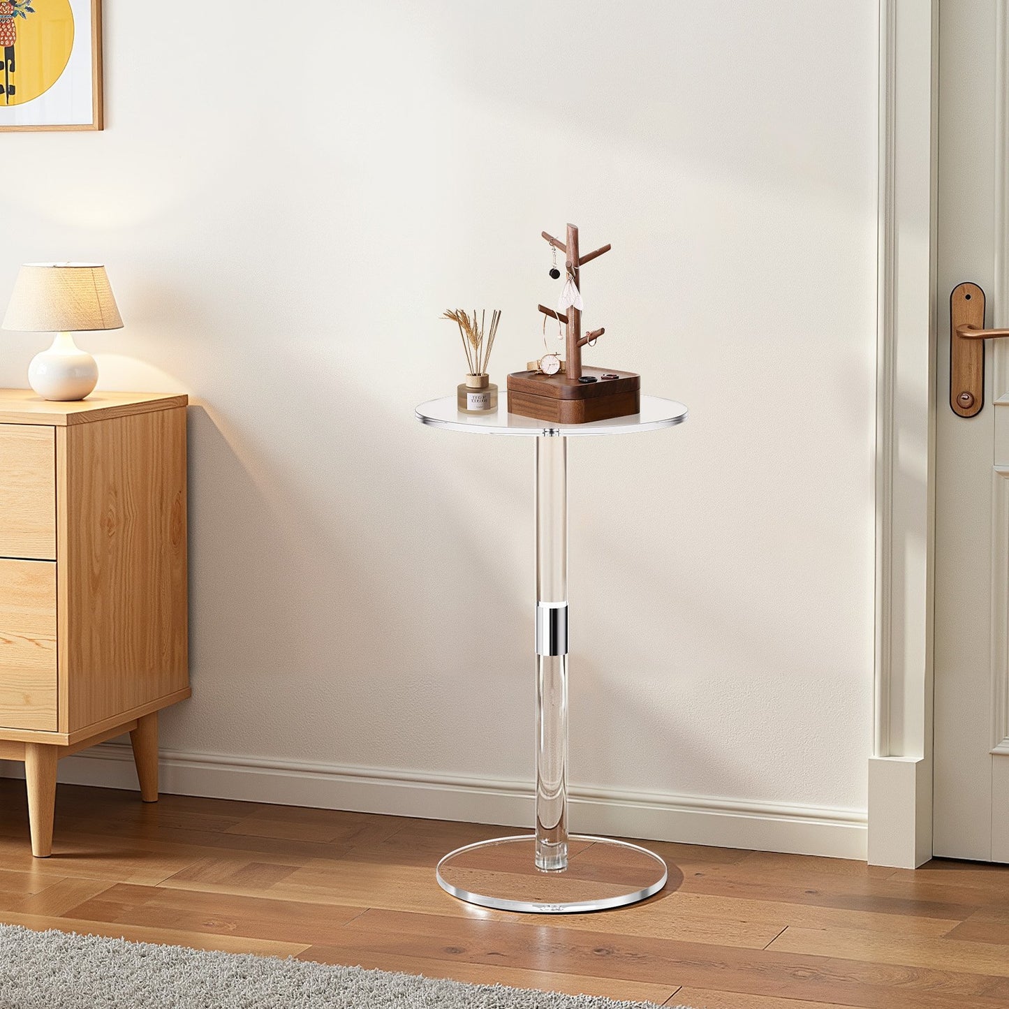 Acrylic Drink Table, Clear End Table Round Top with Solid Post, Modern Acrylic Cake Table Stand, Transparent Side Desk for Coffee, Drink, Food, Snack, Easy Assembly, 10 x 10 x 21.3 in (Clear)