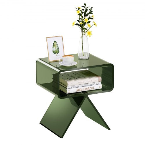 Acrylic Nightstand Side Table, Modern Clear Bedside Table with Storage Shelf, Transparent Small End Desk for Living Room, Bedroom, Home Decor, No Assembly Needed, 11.8 x 15.4 x 17 in (Green)