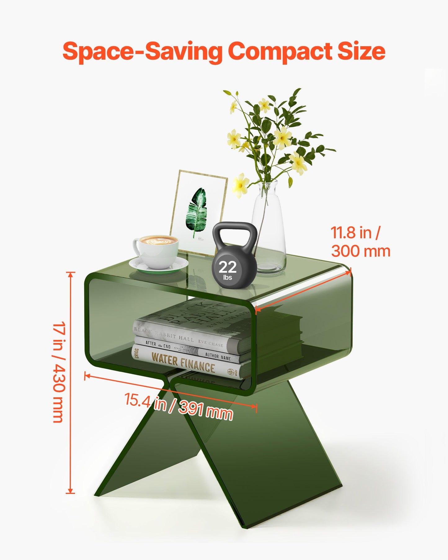 Acrylic Nightstand Side Table, Modern Clear Bedside Table with Storage Shelf, Transparent Small End Desk for Living Room, Bedroom, Home Decor, No Assembly Needed, 11.8 x 15.4 x 17 in (Green)