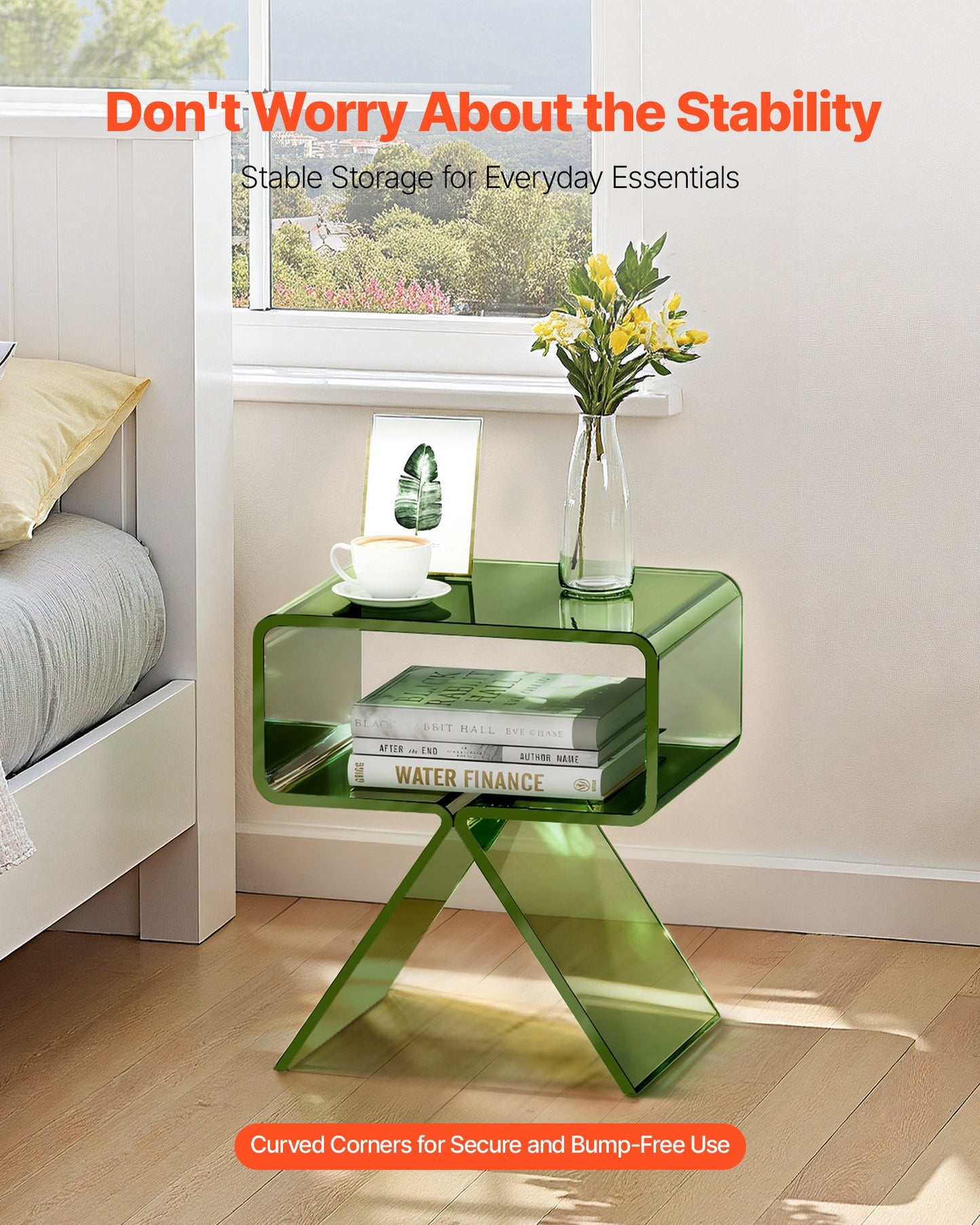 Acrylic Nightstand Side Table, Modern Clear Bedside Table with Storage Shelf, Transparent Small End Desk for Living Room, Bedroom, Home Decor, No Assembly Needed, 11.8 x 15.4 x 17 in (Green)