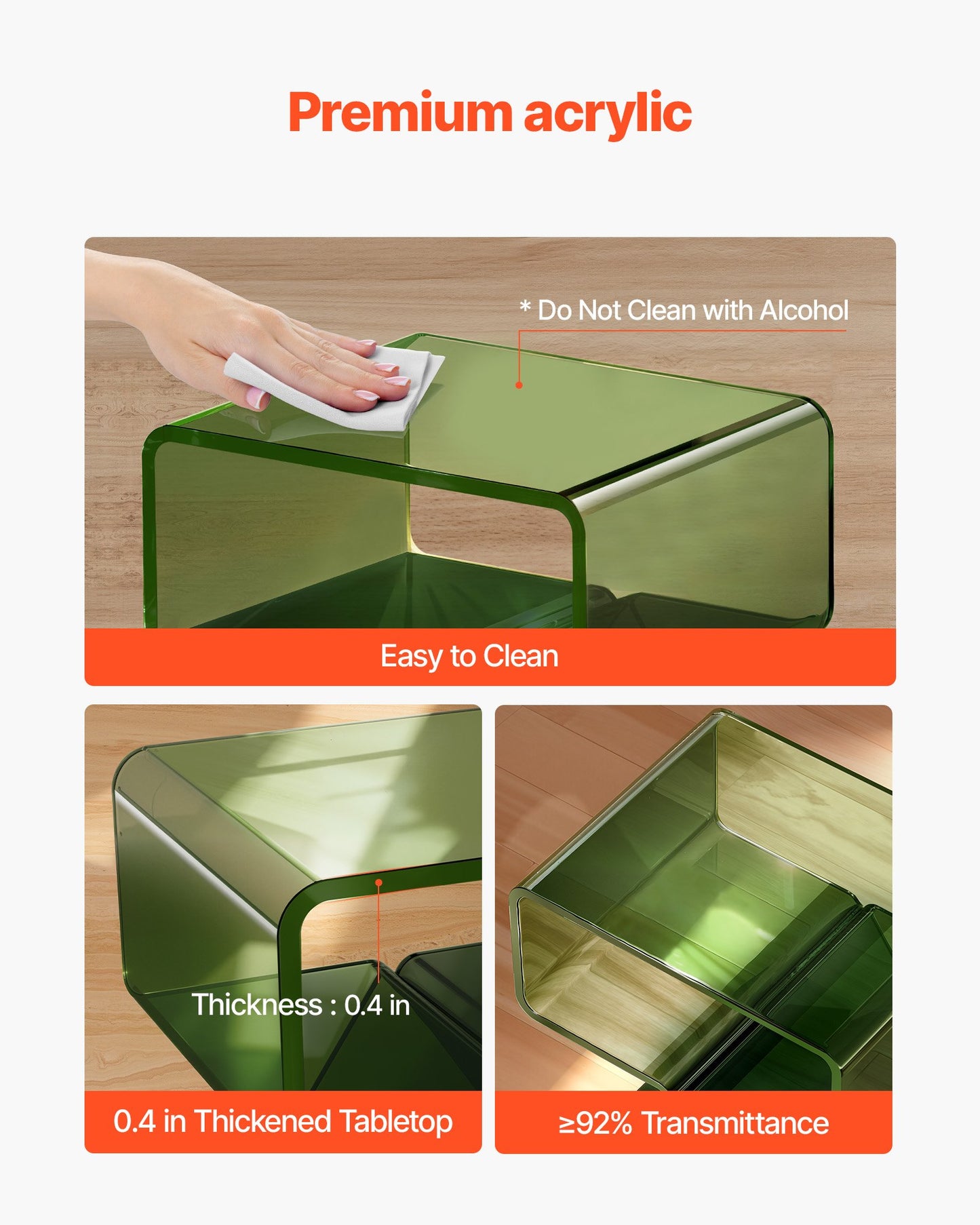 Acrylic Nightstand Side Table, Modern Clear Bedside Table with Storage Shelf, Transparent Small End Desk for Living Room, Bedroom, Home Decor, No Assembly Needed, 11.8 x 15.4 x 17 in (Green)
