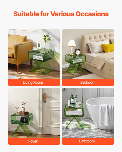 Acrylic Nightstand Side Table, Modern Clear Bedside Table with Storage Shelf, Transparent Small End Desk for Living Room, Bedroom, Home Decor, No Assembly Needed, 11.8 x 15.4 x 17 in (Green)
