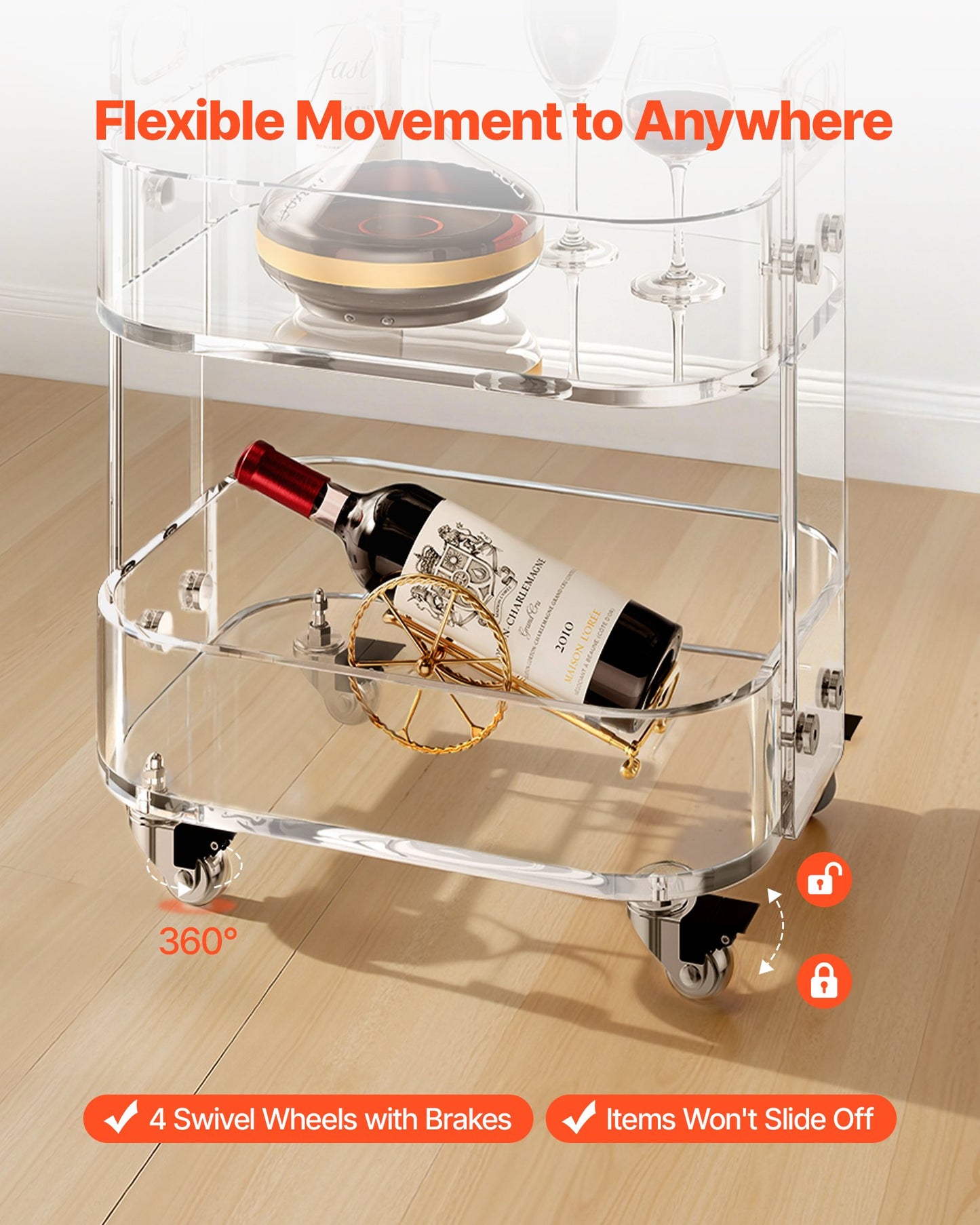 Acrylic Table with Wheels, 2 Tiers Mobile Cart Table, Modern Rolling Acrylic Storage Desk, Clear Nightstand Side End Desk, for Living Room, Bedroom, Bar, Office, 12 x 16.3 x 18.9 in (Clear)