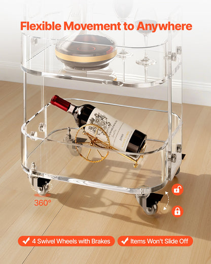 Acrylic Table with Wheels, 2 Tiers Mobile Cart Table, Modern Rolling Acrylic Storage Desk, Clear Nightstand Side End Desk, for Living Room, Bedroom, Bar, Office, 12 x 16.3 x 18.9 in (Clear)