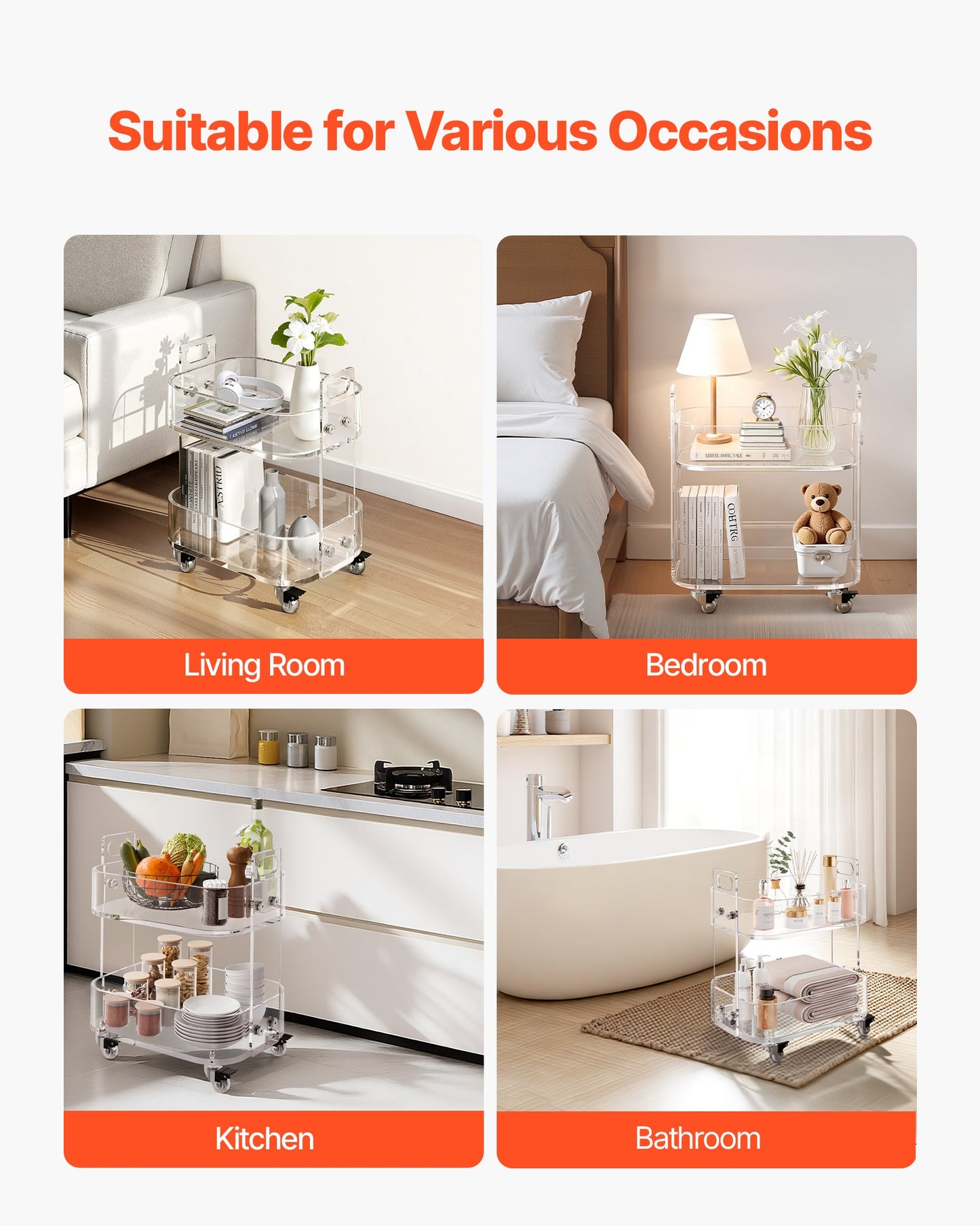 Acrylic Table with Wheels, 2 Tiers Mobile Cart Table, Modern Rolling Acrylic Storage Desk, Clear Nightstand Side End Desk, for Living Room, Bedroom, Bar, Office, 12 x 16.3 x 18.9 in (Clear)