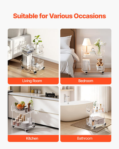 Acrylic Table with Wheels, 2 Tiers Mobile Cart Table, Modern Rolling Acrylic Storage Desk, Clear Nightstand Side End Desk, for Living Room, Bedroom, Bar, Office, 12 x 16.3 x 18.9 in (Clear)