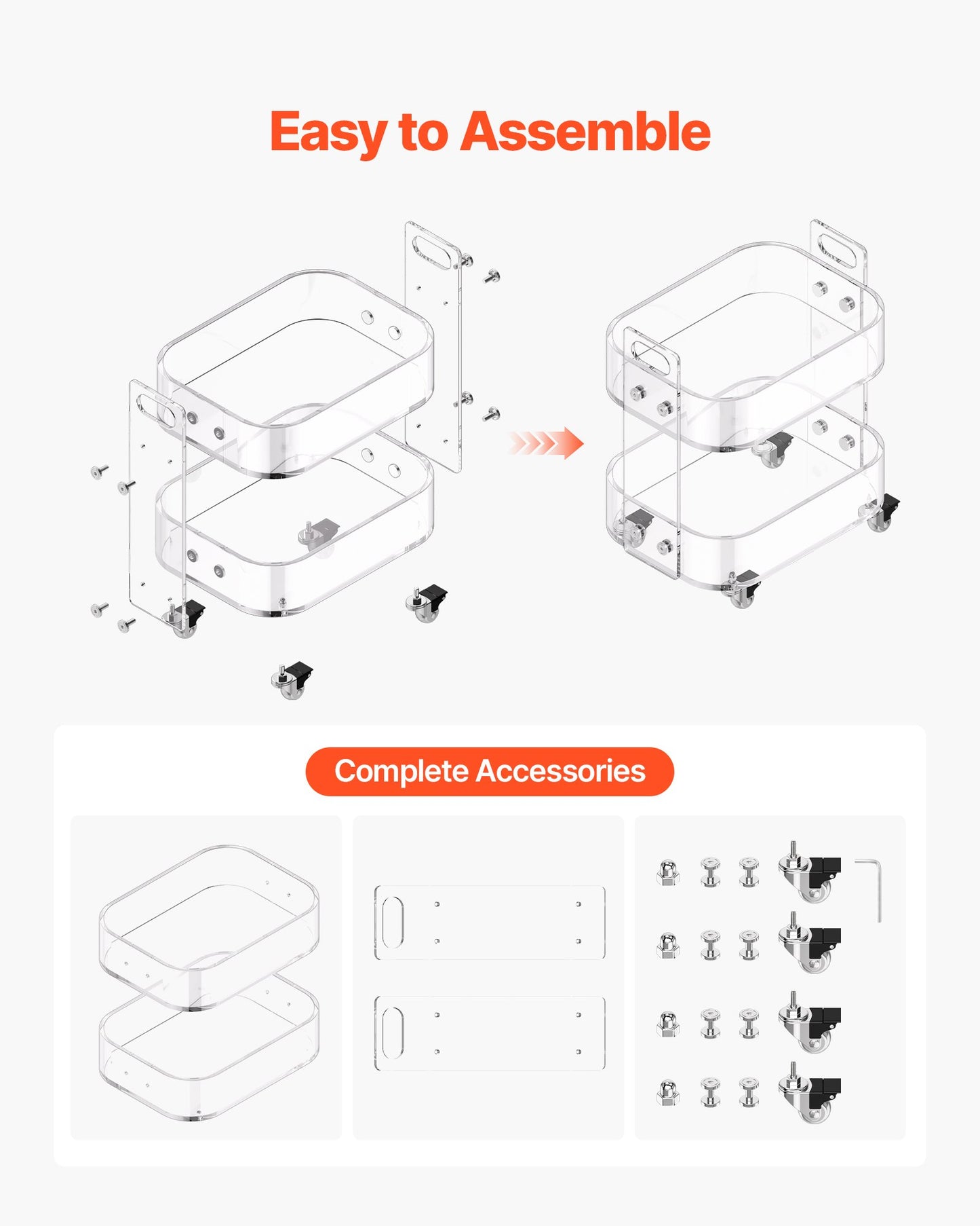 Acrylic Table with Wheels, 2 Tiers Mobile Cart Table, Modern Rolling Acrylic Storage Desk, Clear Nightstand Side End Desk, for Living Room, Bedroom, Bar, Office, 12 x 16.3 x 18.9 in (Clear)