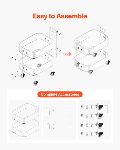 Acrylic Table with Wheels, 2 Tiers Mobile Cart Table, Modern Rolling Acrylic Storage Desk, Clear Nightstand Side End Desk, for Living Room, Bedroom, Bar, Office, 12 x 16.3 x 18.9 in (Clear)