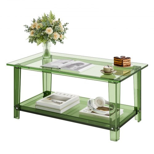 Acrylic Coffee Table, 2 Tiers Center Table with Storage Shelf, Modern Rectangle Acrylic Coffee Desk, Ideal for Dining Room, Kitchen Island, Restaurant, Office, 19.7 x 31.5 x 15.7 in (Green)
