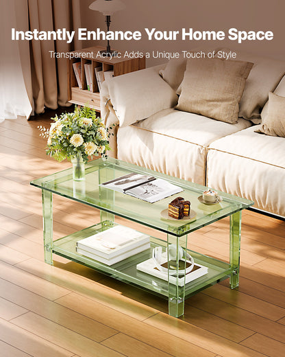 Acrylic Coffee Table, 2 Tiers Center Table with Storage Shelf, Modern Rectangle Acrylic Coffee Desk, Ideal for Dining Room, Kitchen Island, Restaurant, Office, 19.7 x 31.5 x 15.7 in (Green)