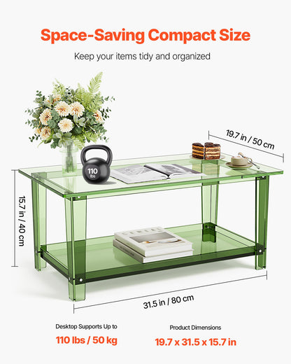 Acrylic Coffee Table, 2 Tiers Center Table with Storage Shelf, Modern Rectangle Acrylic Coffee Desk, Ideal for Dining Room, Kitchen Island, Restaurant, Office, 19.7 x 31.5 x 15.7 in (Green)
