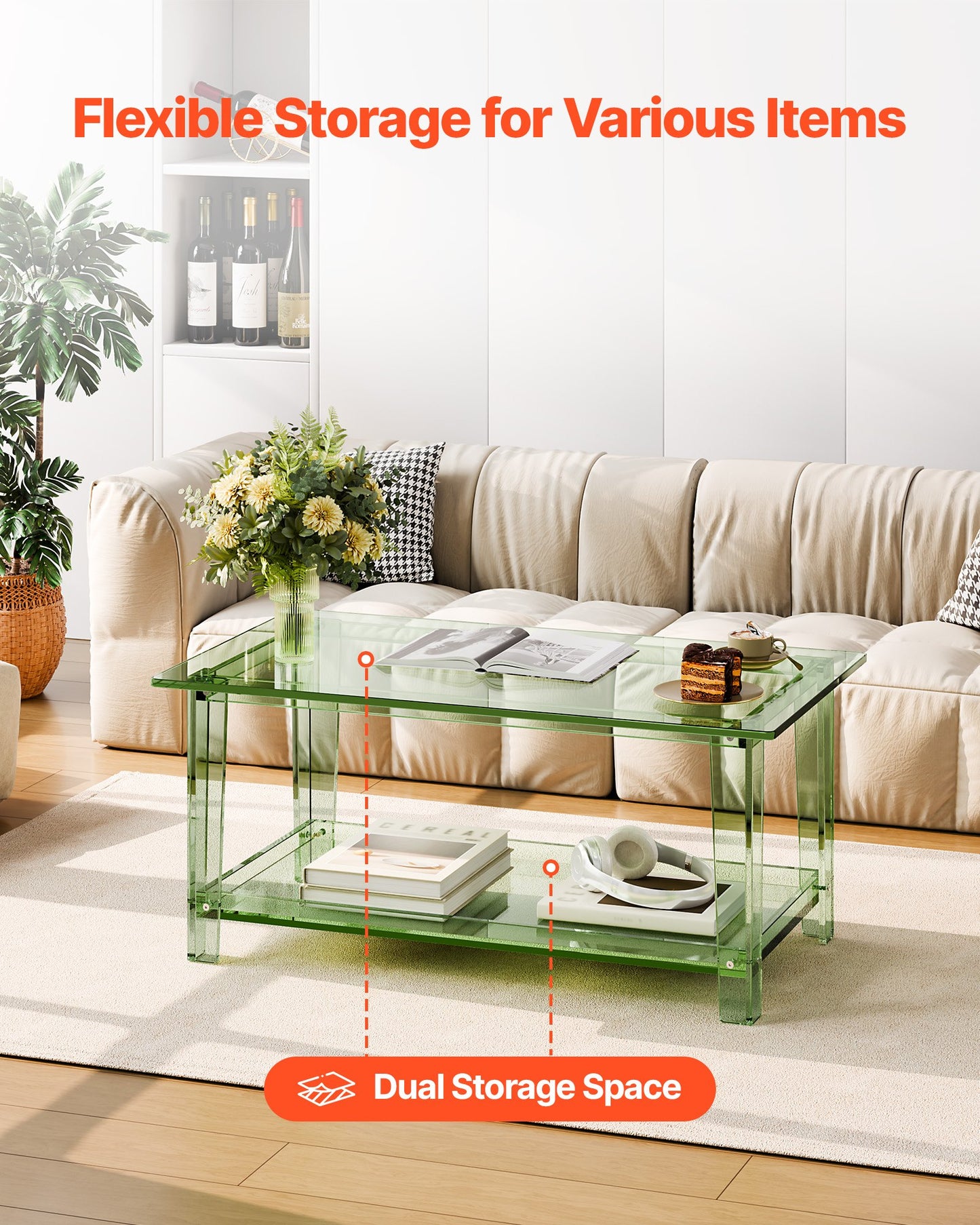Acrylic Coffee Table, 2 Tiers Center Table with Storage Shelf, Modern Rectangle Acrylic Coffee Desk, Ideal for Dining Room, Kitchen Island, Restaurant, Office, 19.7 x 31.5 x 15.7 in (Green)