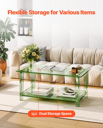 Acrylic Coffee Table, 2 Tiers Center Table with Storage Shelf, Modern Rectangle Acrylic Coffee Desk, Ideal for Dining Room, Kitchen Island, Restaurant, Office, 19.7 x 31.5 x 15.7 in (Green)
