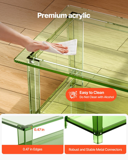 Acrylic Coffee Table, 2 Tiers Center Table with Storage Shelf, Modern Rectangle Acrylic Coffee Desk, Ideal for Dining Room, Kitchen Island, Restaurant, Office, 19.7 x 31.5 x 15.7 in (Green)