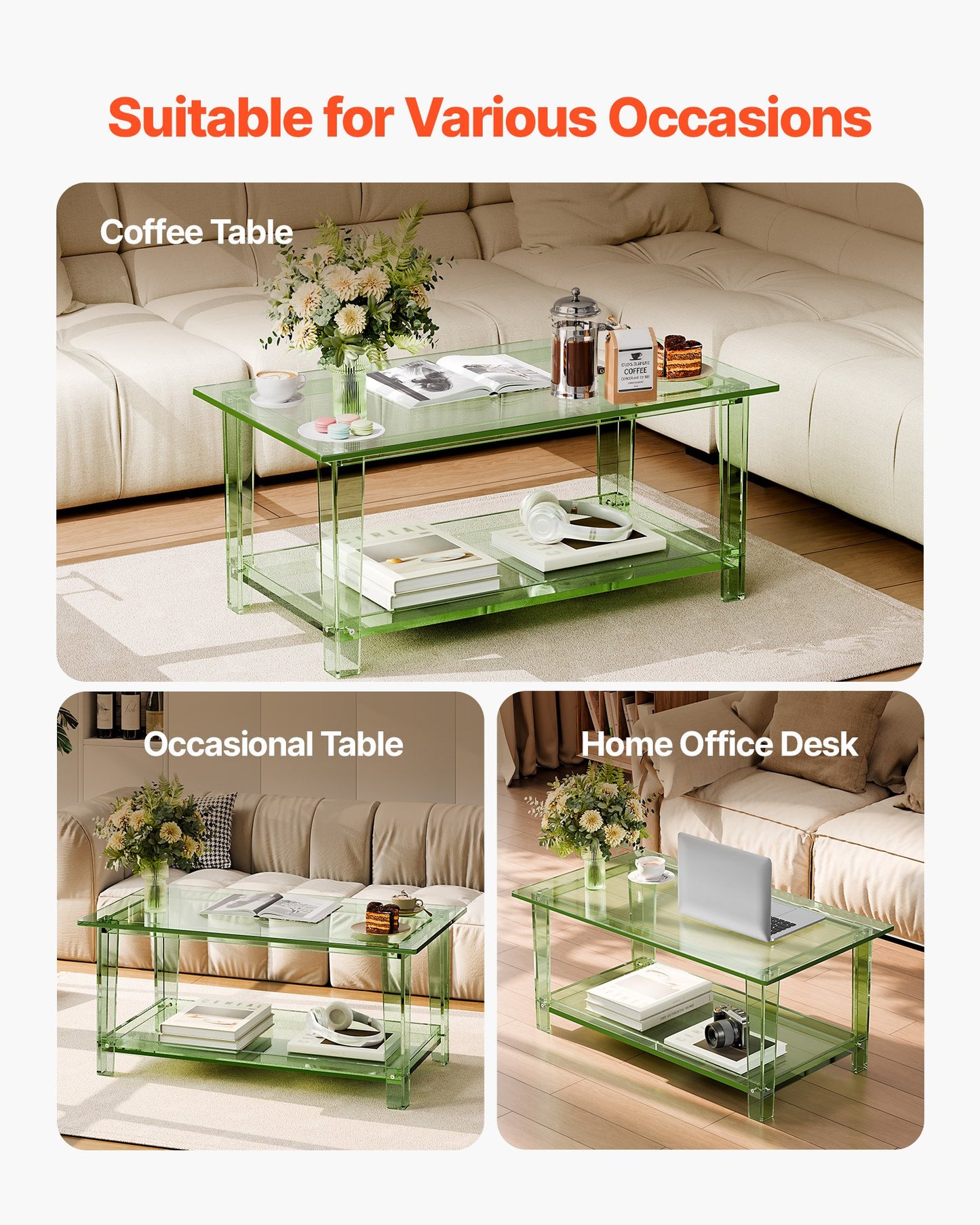 Acrylic Coffee Table, 2 Tiers Center Table with Storage Shelf, Modern Rectangle Acrylic Coffee Desk, Ideal for Dining Room, Kitchen Island, Restaurant, Office, 19.7 x 31.5 x 15.7 in (Green)