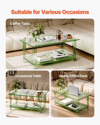 Acrylic Coffee Table, 2 Tiers Center Table with Storage Shelf, Modern Rectangle Acrylic Coffee Desk, Ideal for Dining Room, Kitchen Island, Restaurant, Office, 19.7 x 31.5 x 15.7 in (Green)