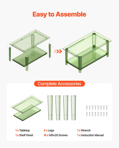 Acrylic Coffee Table, 2 Tiers Center Table with Storage Shelf, Modern Rectangle Acrylic Coffee Desk, Ideal for Dining Room, Kitchen Island, Restaurant, Office, 19.7 x 31.5 x 15.7 in (Green)