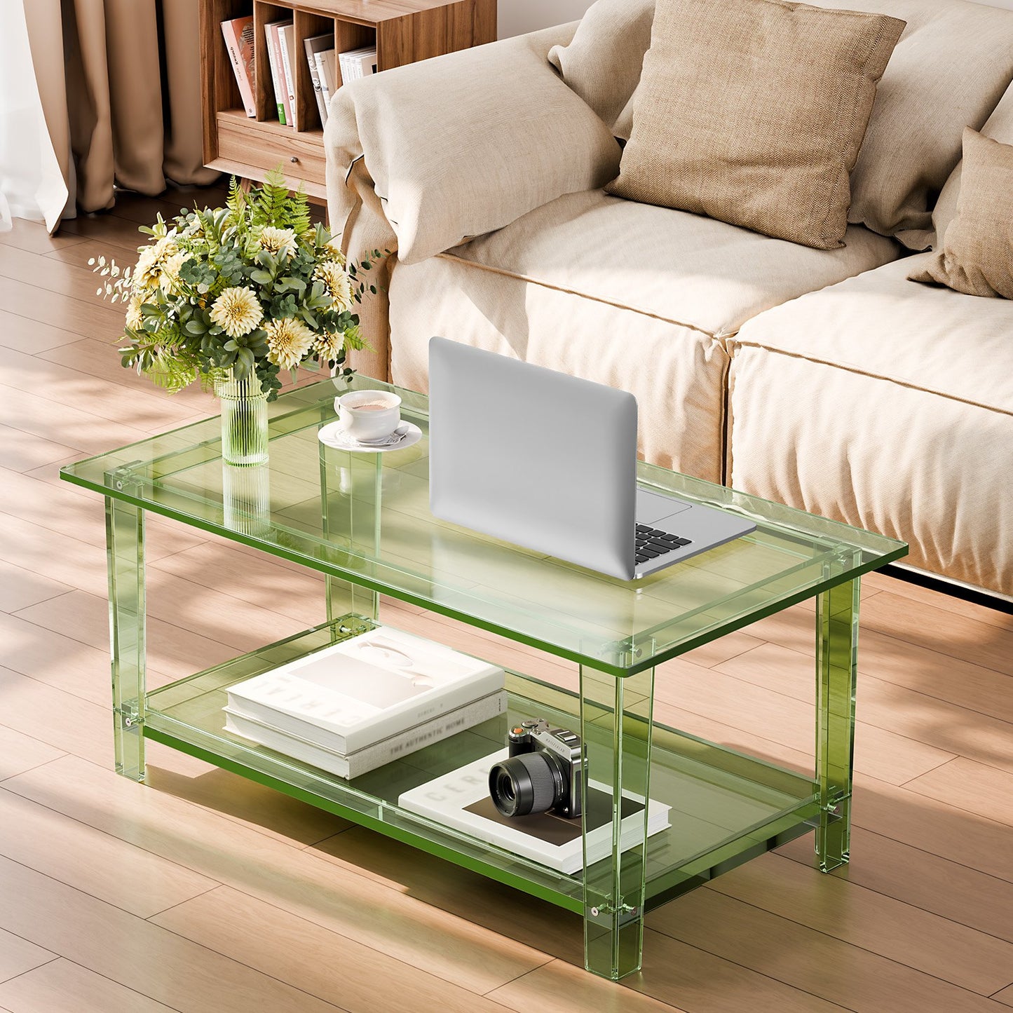 Acrylic Coffee Table, 2 Tiers Center Table with Storage Shelf, Modern Rectangle Acrylic Coffee Desk, Ideal for Dining Room, Kitchen Island, Restaurant, Office, 19.7 x 31.5 x 15.7 in (Green)