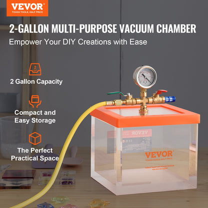 2 Gallon Vacuum Chamber, Upgraded Multipurpose Acrylic Vacuum Degassing Chamber, Transparent Vacuum Chamber, for Resin Degassing, Silica Gel Degassing, Gypsum Degassing and Vacuum Extraction