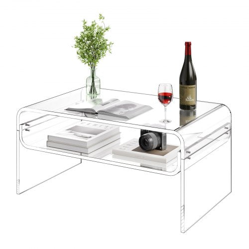 Acrylic Coffee Table, 2 Tiers Center Table with Storage Shelf, Modern Rectangle Acrylic Coffee Desk, Ideal for Dining Room, Kitchen Island, Restaurant, Office, 19.7 x 31.5 x 15 in (Clear)