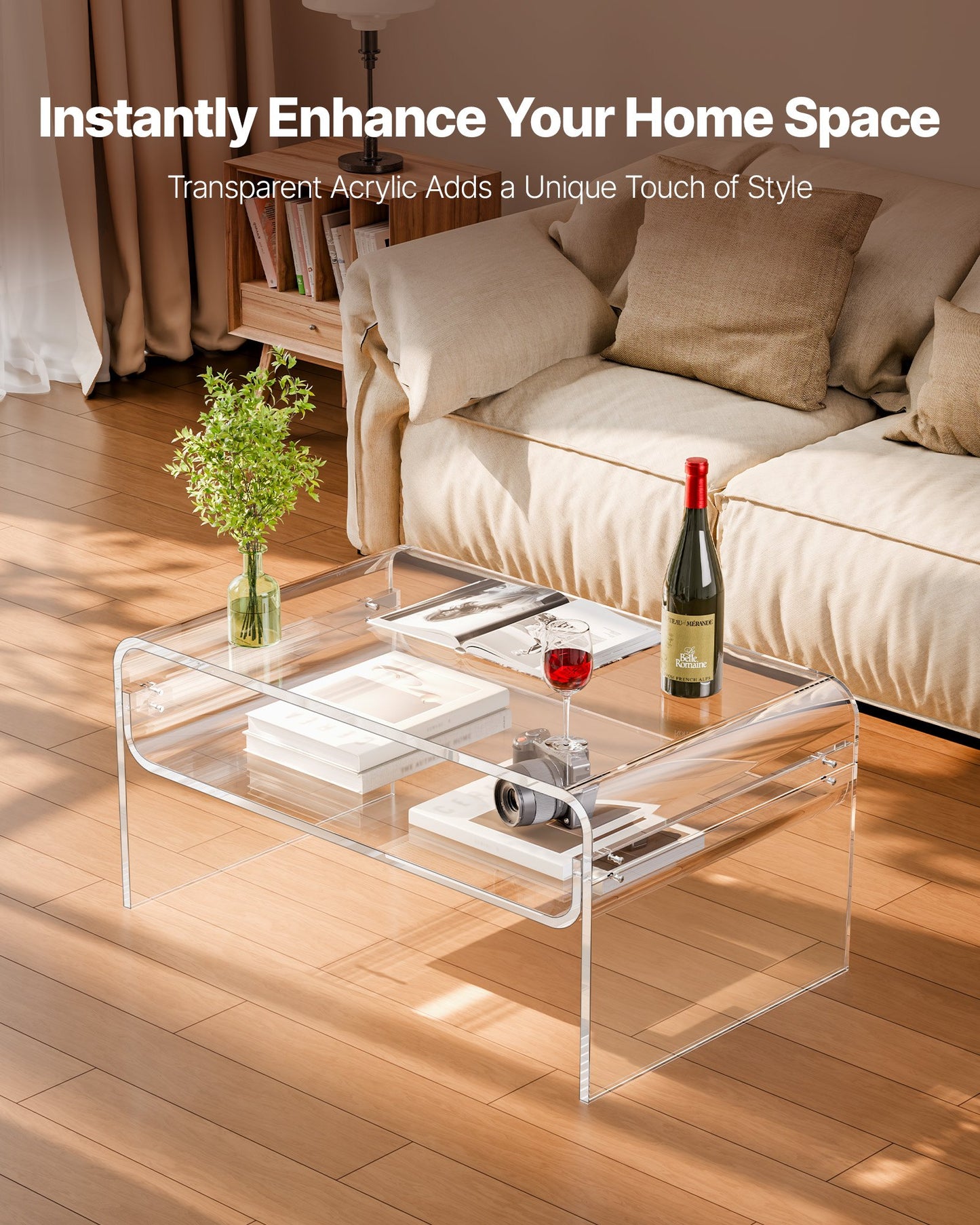 Acrylic Coffee Table, 2 Tiers Center Table with Storage Shelf, Modern Rectangle Acrylic Coffee Desk, Ideal for Dining Room, Kitchen Island, Restaurant, Office, 19.7 x 31.5 x 15 in (Clear)