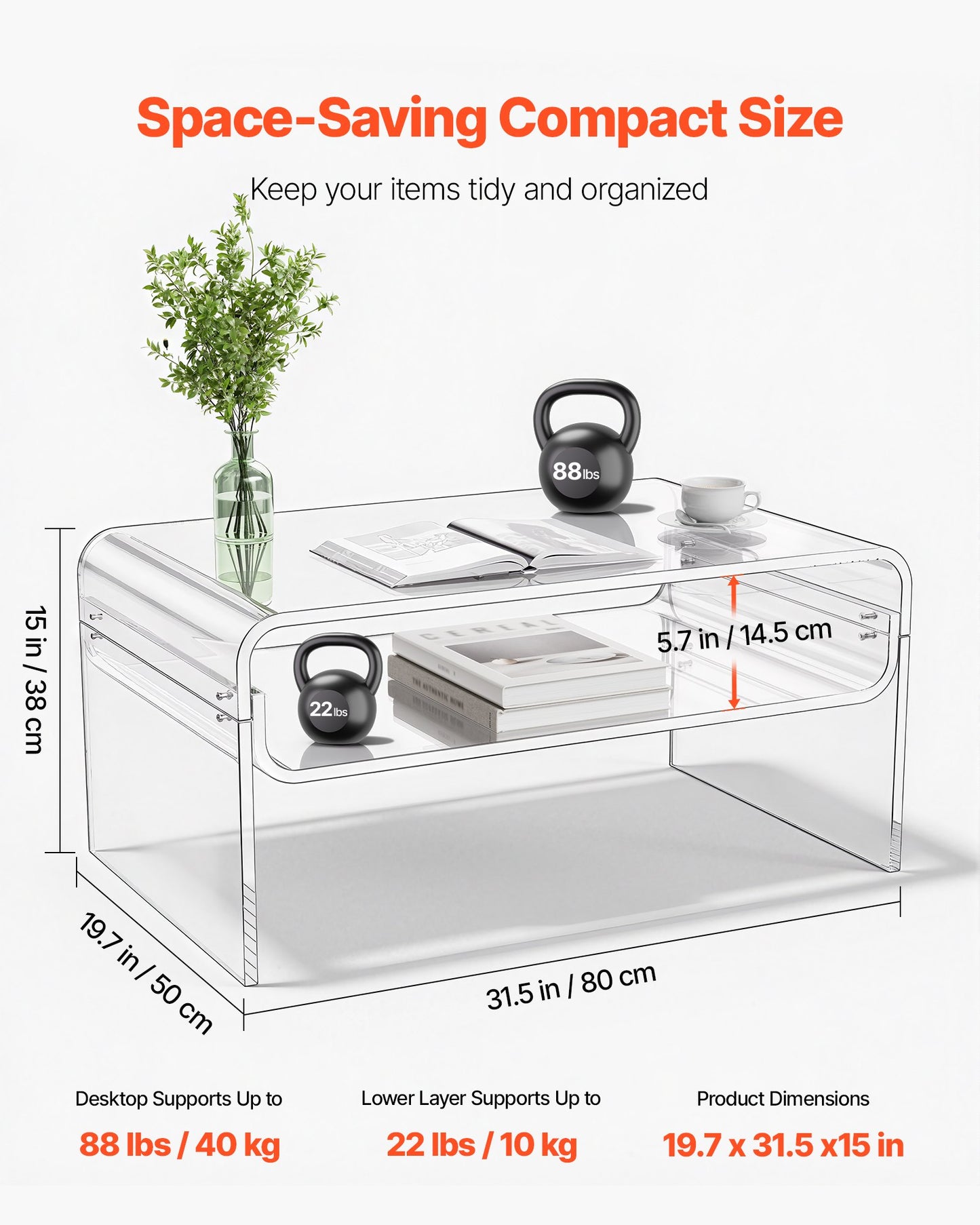 Acrylic Coffee Table, 2 Tiers Center Table with Storage Shelf, Modern Rectangle Acrylic Coffee Desk, Ideal for Dining Room, Kitchen Island, Restaurant, Office, 19.7 x 31.5 x 15 in (Clear)