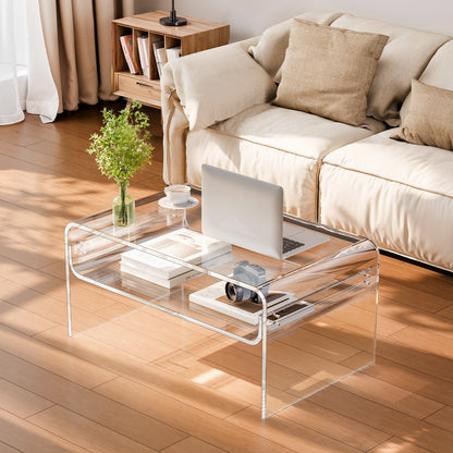 Acrylic Coffee Table, 2 Tiers Center Table with Storage Shelf, Modern Rectangle Acrylic Coffee Desk, Ideal for Dining Room, Kitchen Island, Restaurant, Office, 19.7 x 31.5 x 15 in (Clear)