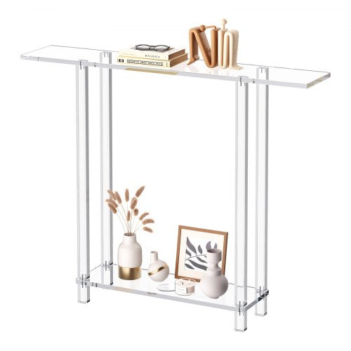 Acrylic Console Table, 2 Tiers Narrow Side Desk with Bottom Open Storage, Modern Rectangle Acrylic End Table, Transparent Entry Desk for Foyer, Hallway, Living Room, 7.6 x 39.4 x 31.5 in (Clear)