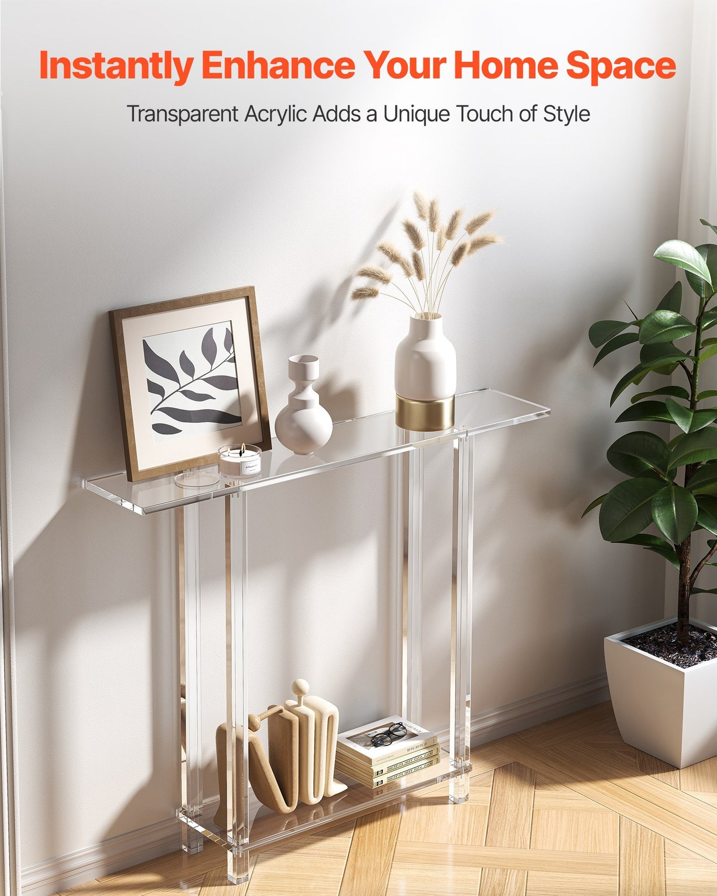 Acrylic Console Table, 2 Tiers Narrow Side Desk with Bottom Open Storage, Modern Rectangle Acrylic End Table, Transparent Entry Desk for Foyer, Hallway, Living Room, 7.6 x 39.4 x 31.5 in (Clear)