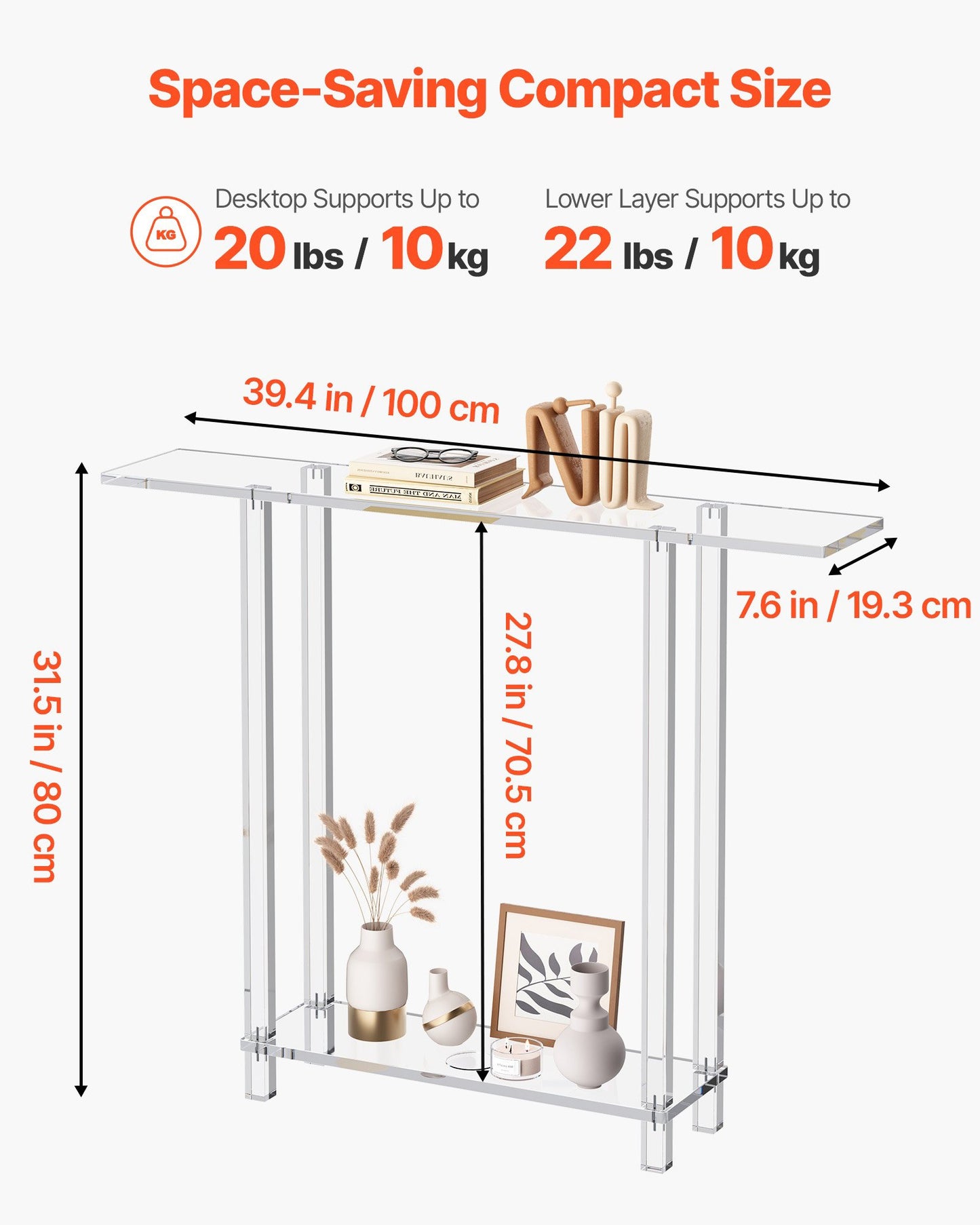 Acrylic Console Table, 2 Tiers Narrow Side Desk with Bottom Open Storage, Modern Rectangle Acrylic End Table, Transparent Entry Desk for Foyer, Hallway, Living Room, 7.6 x 39.4 x 31.5 in (Clear)