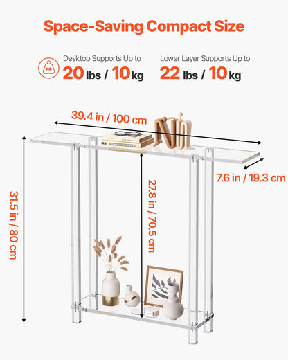 Acrylic Console Table, 2 Tiers Narrow Side Desk with Bottom Open Storage, Modern Rectangle Acrylic End Table, Transparent Entry Desk for Foyer, Hallway, Living Room, 7.6 x 39.4 x 31.5 in (Clear)