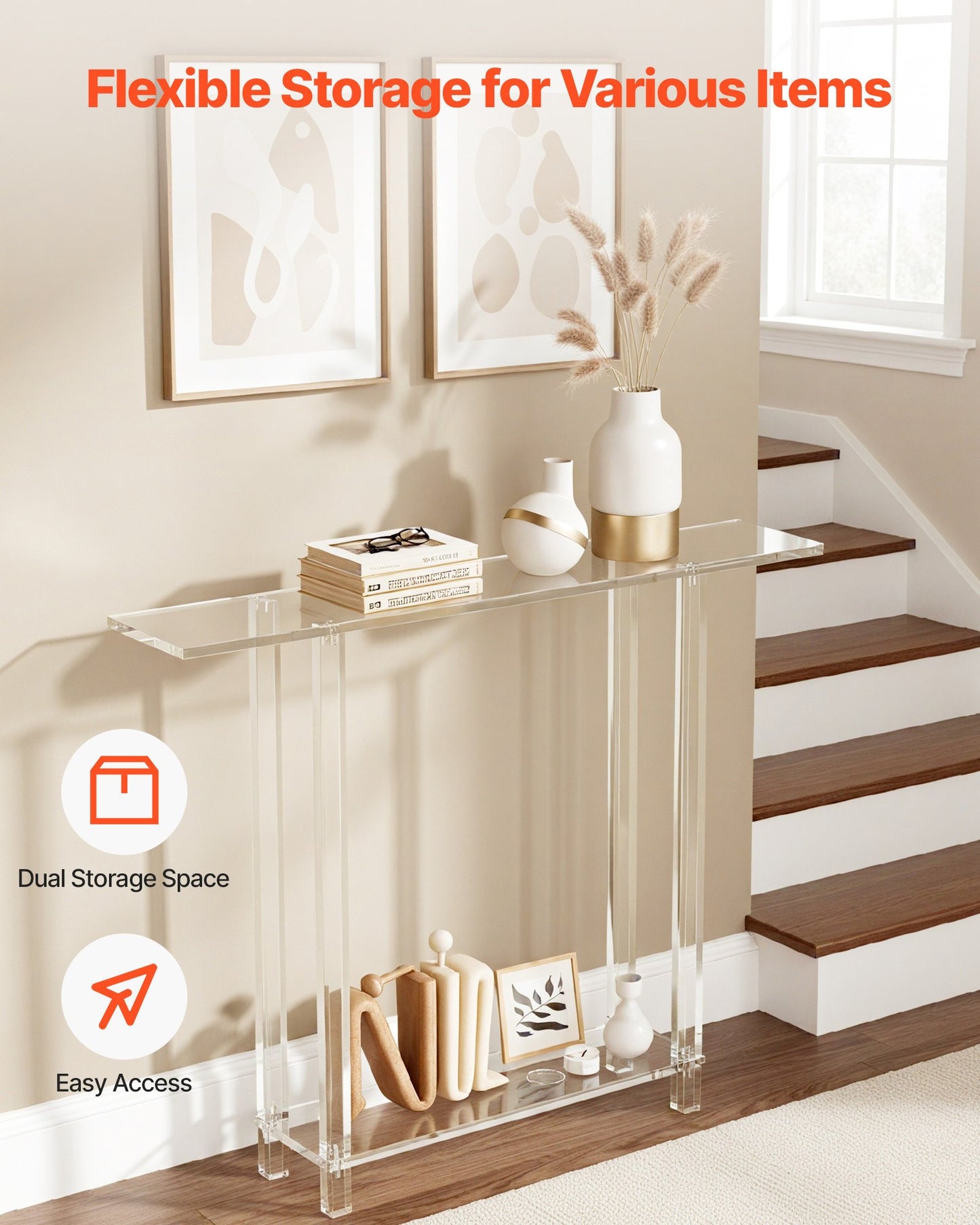 Acrylic Console Table, 2 Tiers Narrow Side Desk with Bottom Open Storage, Modern Rectangle Acrylic End Table, Transparent Entry Desk for Foyer, Hallway, Living Room, 7.6 x 39.4 x 31.5 in (Clear)