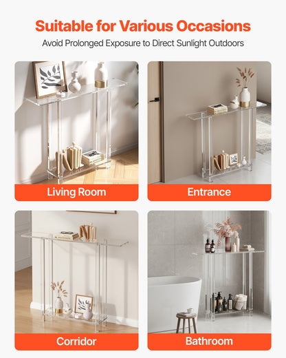 Acrylic Console Table, 2 Tiers Narrow Side Desk with Bottom Open Storage, Modern Rectangle Acrylic End Table, Transparent Entry Desk for Foyer, Hallway, Living Room, 7.6 x 39.4 x 31.5 in (Clear)