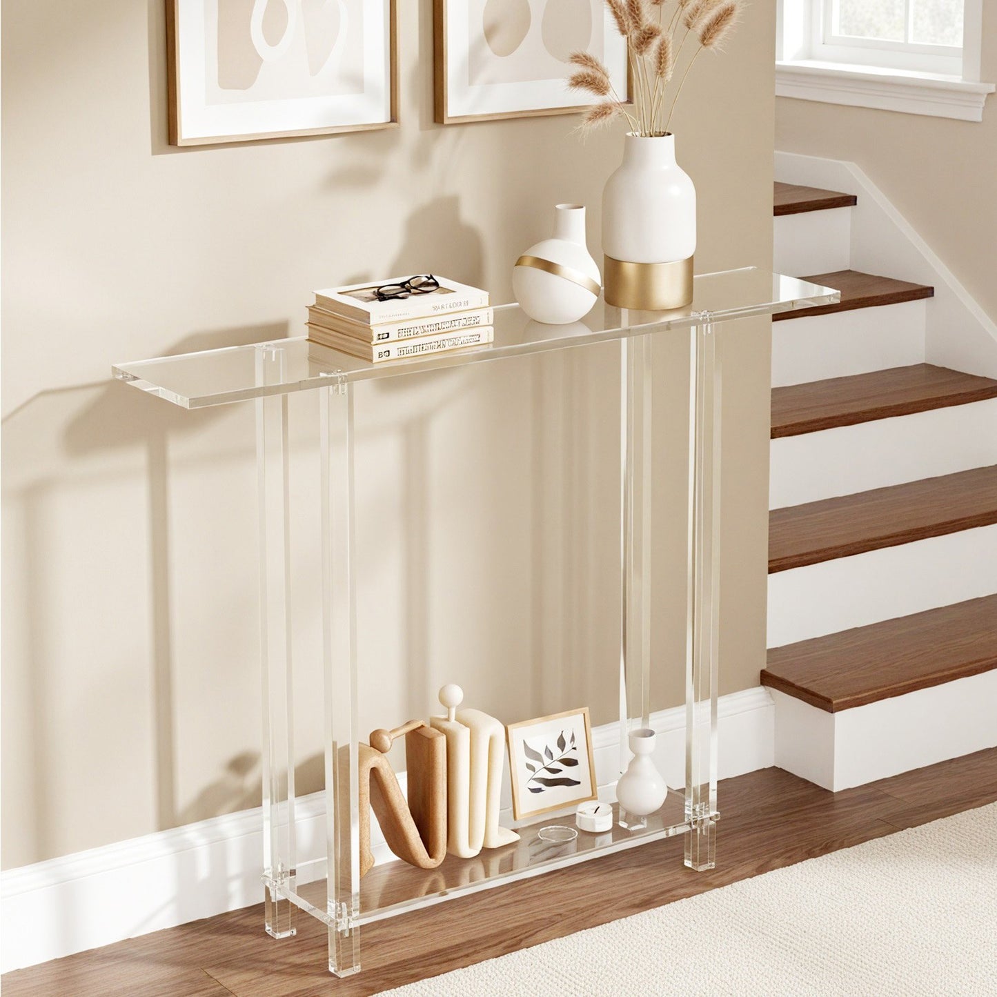 Acrylic Console Table, 2 Tiers Narrow Side Desk with Bottom Open Storage, Modern Rectangle Acrylic End Table, Transparent Entry Desk for Foyer, Hallway, Living Room, 7.6 x 39.4 x 31.5 in (Clear)